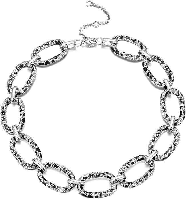 Chunky Chain Necklace Geometric Links Collar Necklace, Animal Prints Black and White Enamelled with Rhinestone Embellished Details Women Gifts