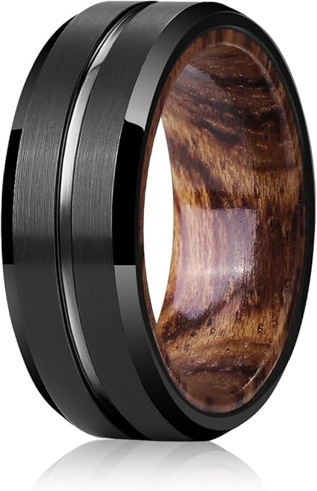 Mens Wedding Band Tungsten Rings: 8mm Black Tungsten Rings for Men Wood Wedding Ring Band for Man - Silver Ring for Men Wedding Bands for Women Wood Promise Rings for Him