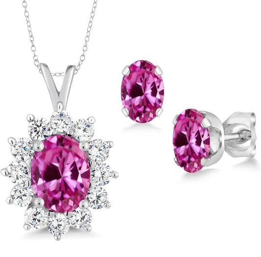 Gem Stone King 8X6MM and 6X4MM Oval Gemstone Birthstone Pendant and Earrings Jewelry Set For Women | 925 Sterling Silver | Fine Jewelry Gifts for Her Mom Women Wife | With 18 Inch Chain