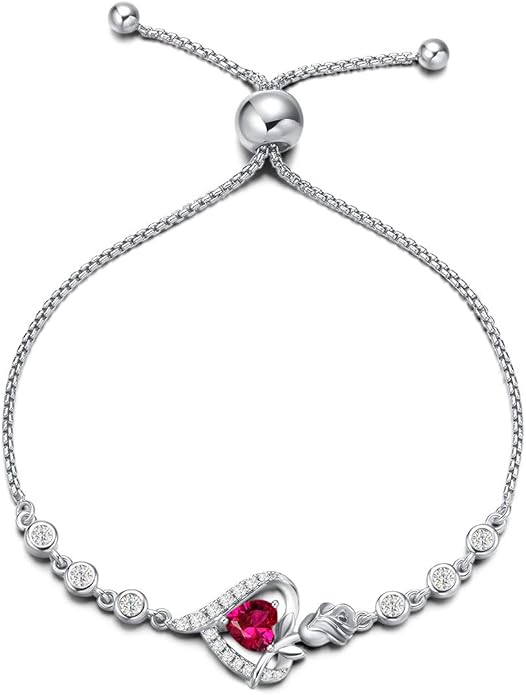 AGVANA Rosy Reverie Birthstone Bracelet for Women Sterling Silver Genuine or Created Gemstone Tennis Bracelet Rose Heart Jewelry Anniversary Birthday Gifts for Women Mom Wife Her