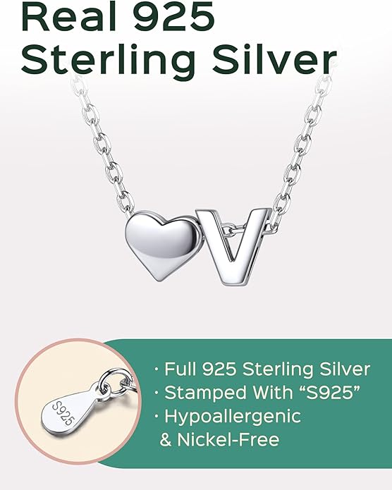 ChicSilver 925 Sterling Silver Heart Initial Necklaces for Women -Dainty Personalized Heart Pendant Letter Alphabet Necklace for Women