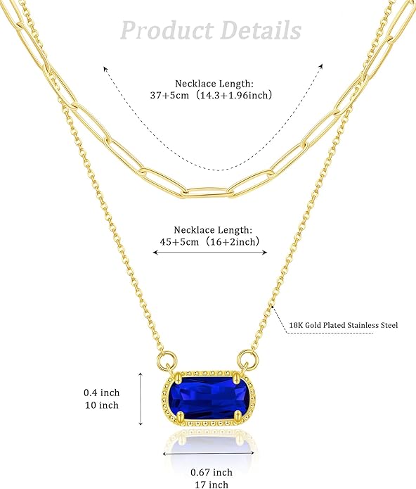 Lourny Gemstone Birthstone Pendant Layered Necklace for Women Trendy, 18K Gold Plated Paperclip Chain Preppy Choker Charm Necklace for Women Wife Jewelry