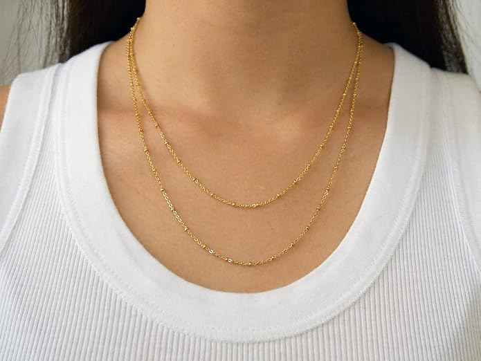 14K Gold Necklace for Women, Womens Dainty Chain Necklace Plated Shining Dots Satellite Choker Box Chain, Women Layering Necklaces