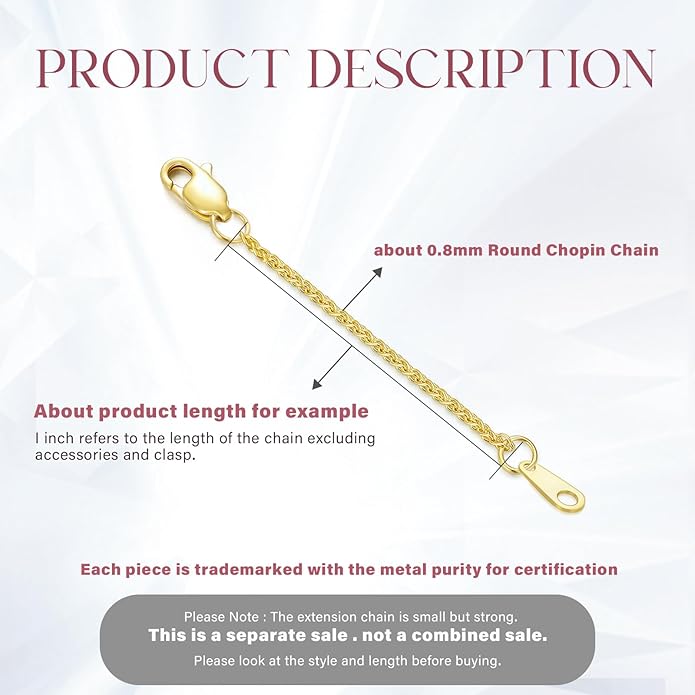 14k Gold Necklace & Bracelet Extender Chain, 1"/1.5"/2"/3"/4"/5" Durable Removable Gold Extension Chain
