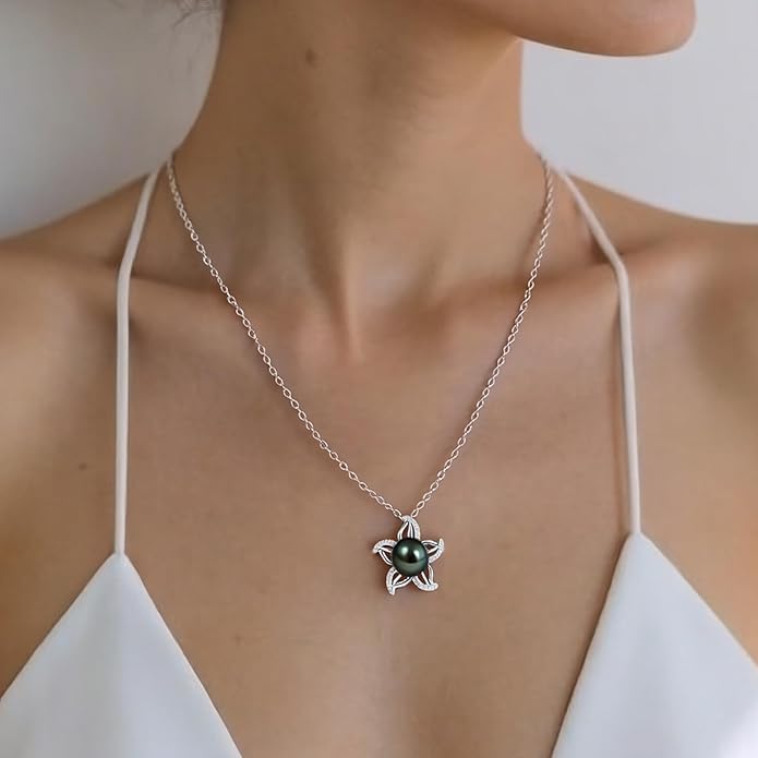 Genuine Tahitian Black Pearl Necklace for Women, 9-11mm AAAA Seawater Pearl with Sterling Silver Moissanite Pendant, Jewelry Gift for Wife, Mom, Girlfriend, Wedding Anniversary, Birthday, Christmas