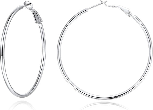 Jewlpire 14K Gold Plated 925 Sterling Sliver Post Hoop Earrings, 2MM Thick Hoop earrings Lightweight Large Hoop Earrings for Women Trendy 20/30/40/50/60/70mm
