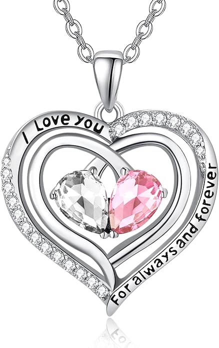 Zeuslia Double Birthstone Necklace Gifts for Wife - 925 Sterling Silver Sunflower/Rose/Crown Cross/Compass/Heart Pendant I Love You Necklace, Anniversary Birthday Gifts for Wife Girlfriend Mom Her
