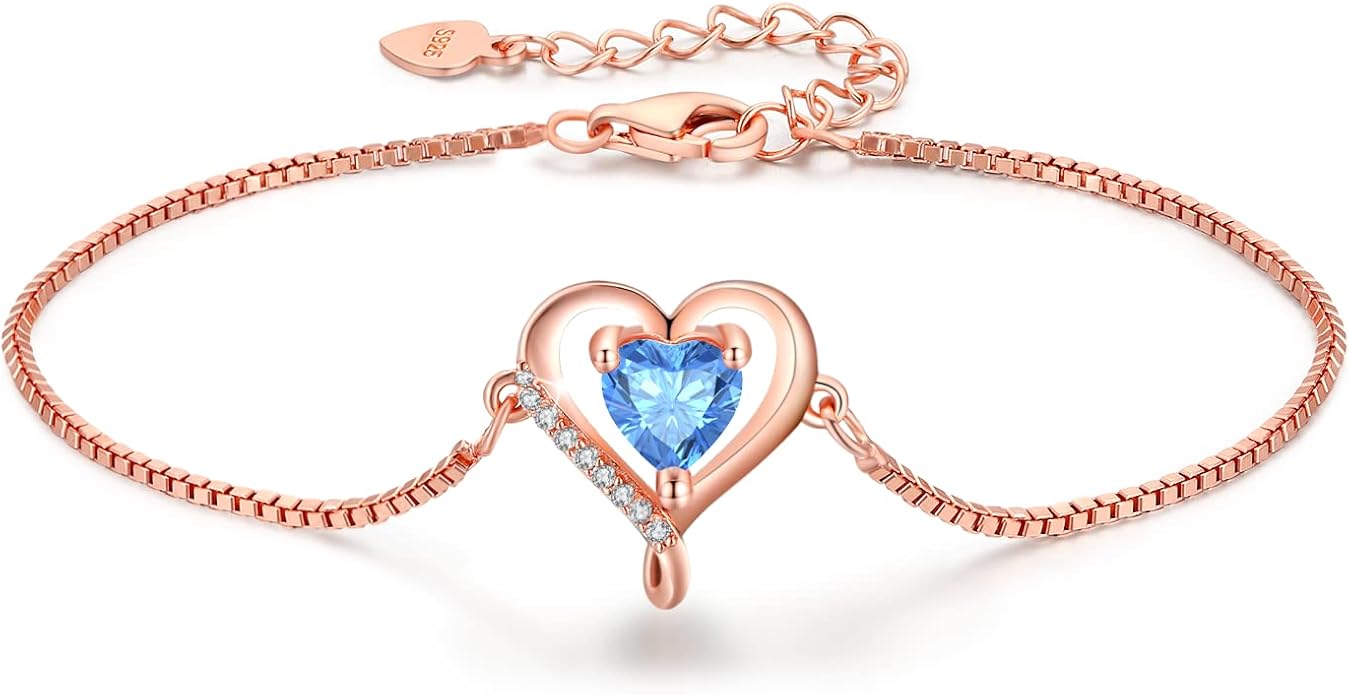 LAVUMO Love Heart Bracelets for Women 925 Silver Charm Birthstone Bracelet Adjustable Anniversary Birthday Jewelry Gifts for Women Girlfriend Wife Daughter Mom Her