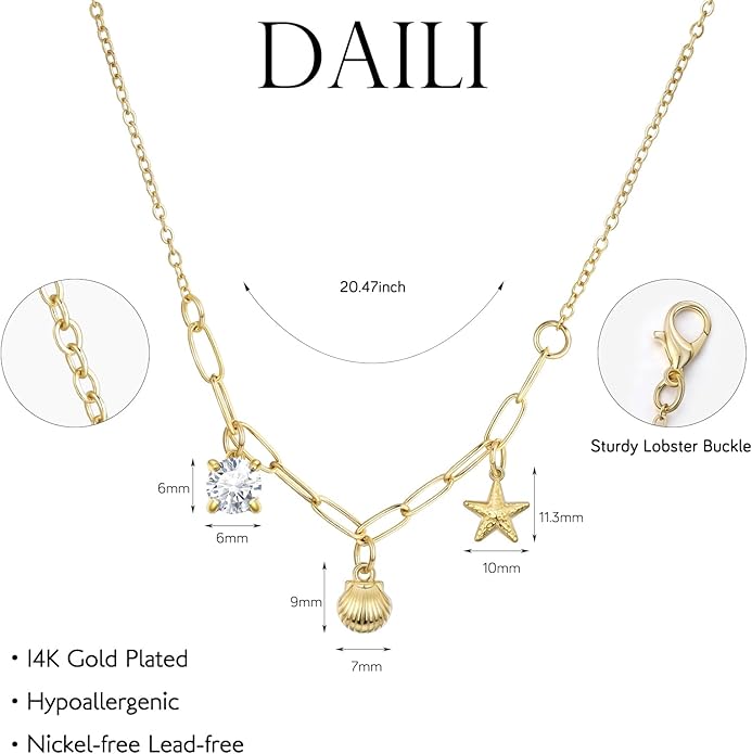 Shell Necklace for Women,14k Gold Plated Layered Starfish Conch SeaShell Pearl Pendant Charm Necklace,Non Tarnish Adjustable Stainless Steel Chain Stack Jewerly for Summer Beach Vacation