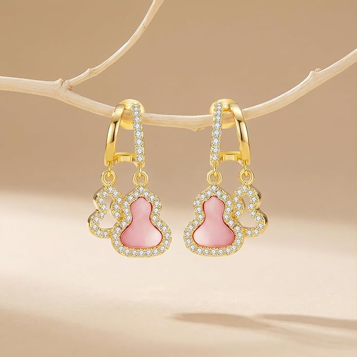 18K Gold Plated Small Dangle Earrings for Women Pink Mother of Pearl Double Hoops Hypoallergenic Sterling Silver Lightweight drop Earrings