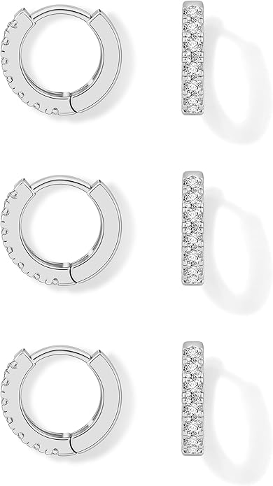 micuco 3 Pairs Small Hoop Earrings Tiny Cartilage Earrings for Women Cubic Zirconia Earrings Huggie Hoop Ear Piercing Earrings for Men 8mm 10mm 12mm