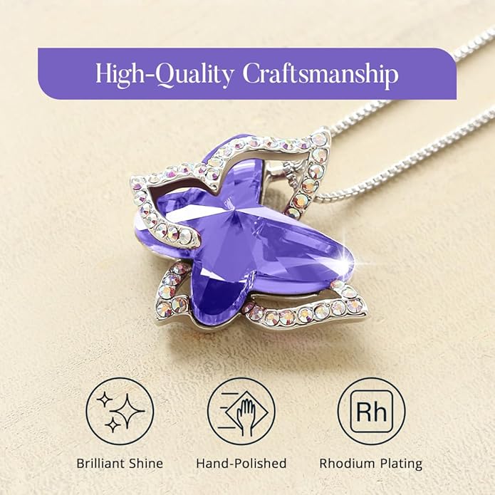 Gift Butterfly Birthstone Crystal Necklace, Silver Tone with 18”+2” Chain, Necklace for Mother’s Day Anniversary Birthday Gifts for Women and Daughter