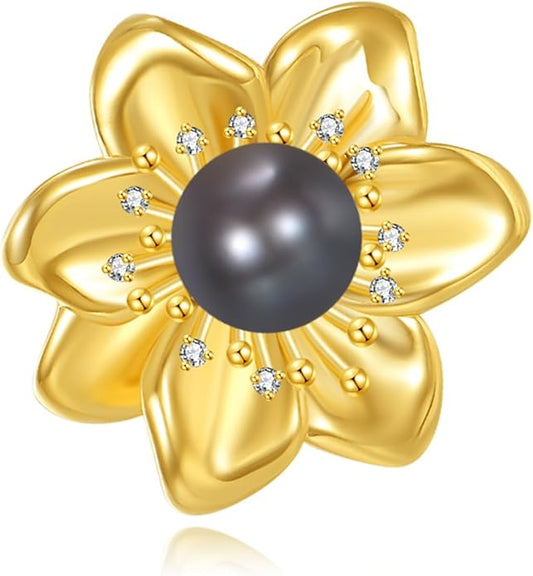 Diamonds Flower Brooch for Women, 925 Sterling Silver Black Freshwater Pearl Pins with Lab Grown Diamonds for Clothes, Flower Brooches Jewelry Gifts Christmas Mothers Day Birthday