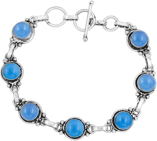 Round Shape Natural & Synthetic Gemstones Silver Plated Bracelets for Women - Vintage Bohemian Style Handmade Birthstone Adjustable Link Bracelet Jewelry Gifts for Wedding Anniversary Mother's Day