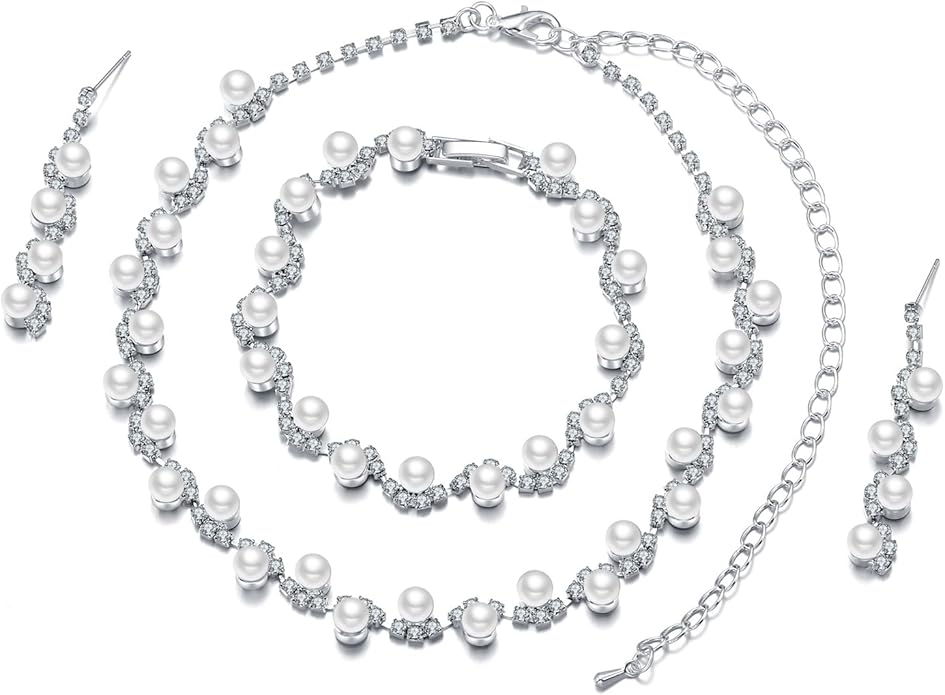 la luen Pearl Bride Wedding Jewelry Set Faux Pearls Crystal Rhinestone Necklace Earrings Bracelet Sets for Women Bridesmaid(3 PCS)