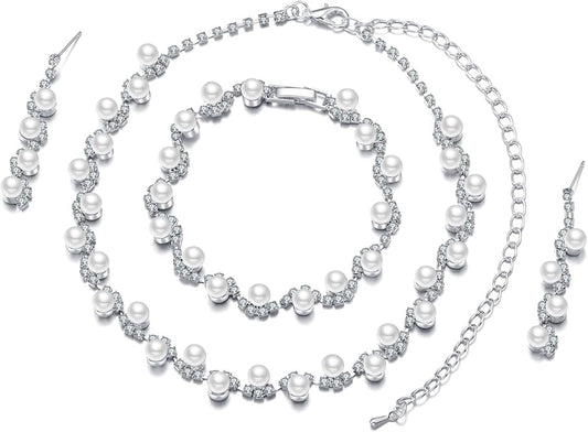 la luen Pearl Bride Wedding Jewelry Set Faux Pearls Crystal Rhinestone Necklace Earrings Bracelet Sets for Women Bridesmaid(3 PCS)