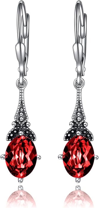 AOBOCO Vintage Earrings for Women Sterling Silver Retro Drop Dangle Leverback Earrings with 8x6mm Oval Genuine or Simulated Birthstone Crystal from Austria, Anniversary Jewelry Gifts for Her Women