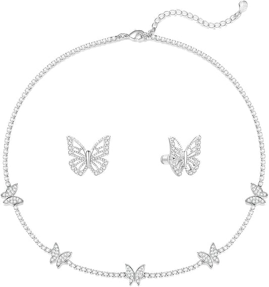 Tennis Necklace Bracelet for Women, Sterling Sliver, Dainty Chocker Necklace, Crystal Bracelet for Women, Wedding Jewelry for Bride, Sparkly Party Prom Hypoallergenic