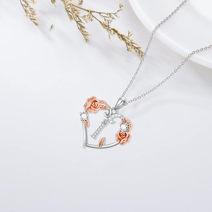 AOBOCO Rose Heart Necklaces Valentines Gifts for Women, 925 Sterling Silver Rose Love Heart Initial Letter Pendant Necklace Jewelry Mothers Day Christmas Birthday Gifts for Her Mom Wife Girlfriend