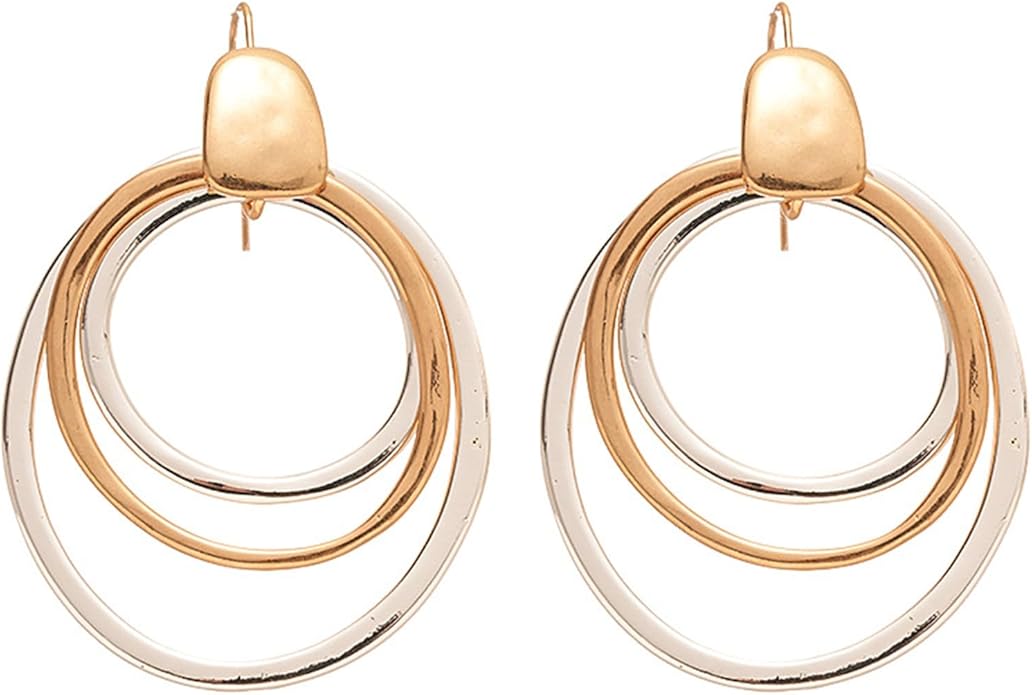 Mixed Metal Earrings, Round Circle Hoop Two Tone Dangle Earrings, Vintage Gold and Silver Geometric Earrings, Handmade Boho Earrings for Women