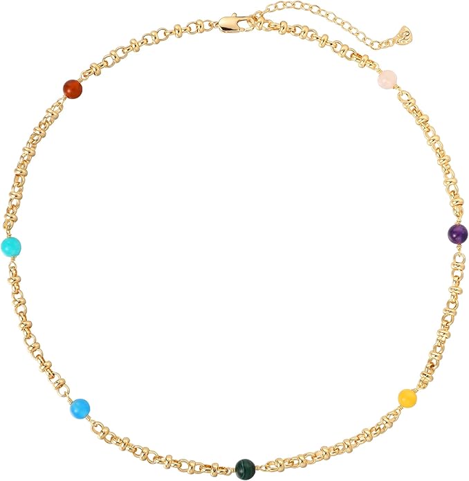 MTMY Beaded Necklaces for Women 14K Gold Plated Dainty Colorful Green/Rose Beaded Pearl Choker Necklace Delicate Boho Choker Necklace Jewelry Gift