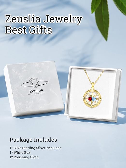 Zeuslia Double Birthstone Necklace Gifts for Wife - 925 Sterling Silver Sunflower/Rose/Crown Cross/Compass/Heart Pendant I Love You Necklace, Anniversary Birthday Gifts for Wife Girlfriend Mom Her