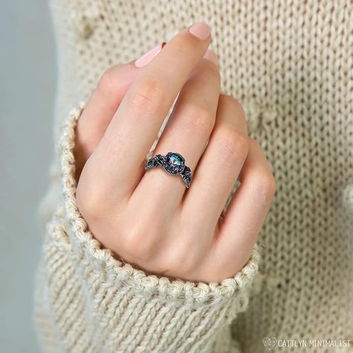 Gothic Black Rings for Women, Mystic Rainbow Topaz with Created Amethyst Flower Goth Black Gold Wedding Engagement Ring Size 6 to 11