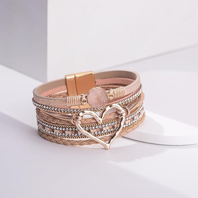 FANCY SHINY Heart Leather Wrap Bracelets Stackable Boho Cuff Bangles Trendy Resin Stone Rhinestone Bracelets with Magnetic Clasp for Women