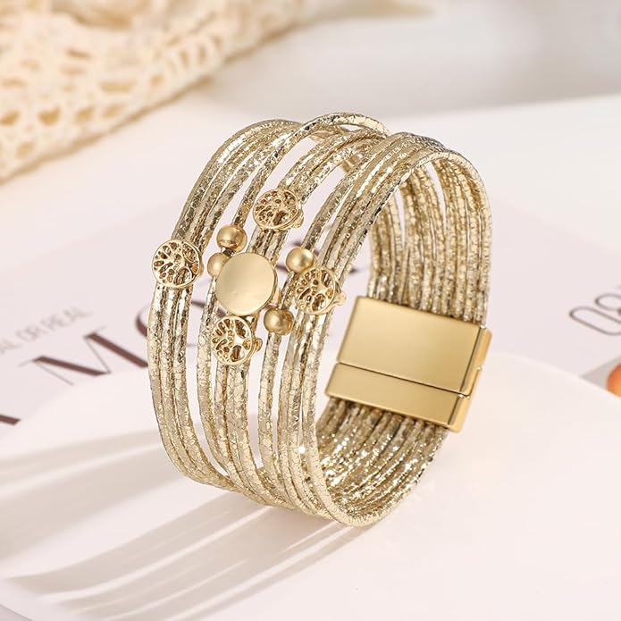 Edoneery Leather Wrap Bracelet for Women, Boho Handmade Multi-Layer Cuff with Crystal Beads Heart, Stackable Bangle Western Jewelry Gift