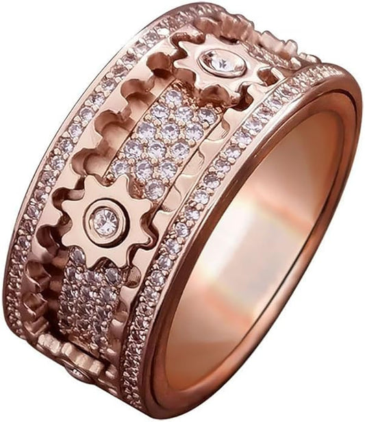 BEIBEINOYA Men's Spinner Ring for Anxiety - 14K Gold Plated Rotating Gear Ring with Moissanite, Kinetic Mechanical Jewelry, Stress Relief Fidget Ring for Men, Unique Gifts for Him