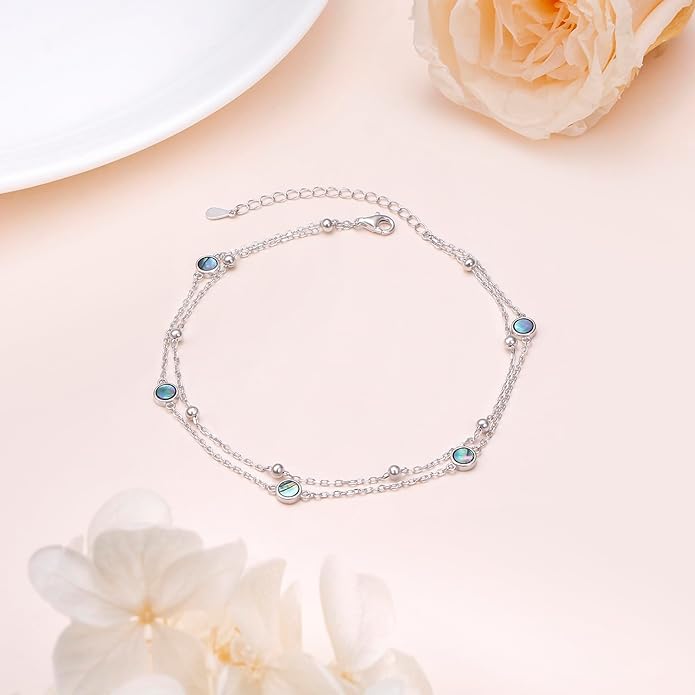 FLYOW Anklet for Women S925 Sterling Silver Adjustable Foot Beaded Heart Charm Ankle Bracelet Anklets Jewelry