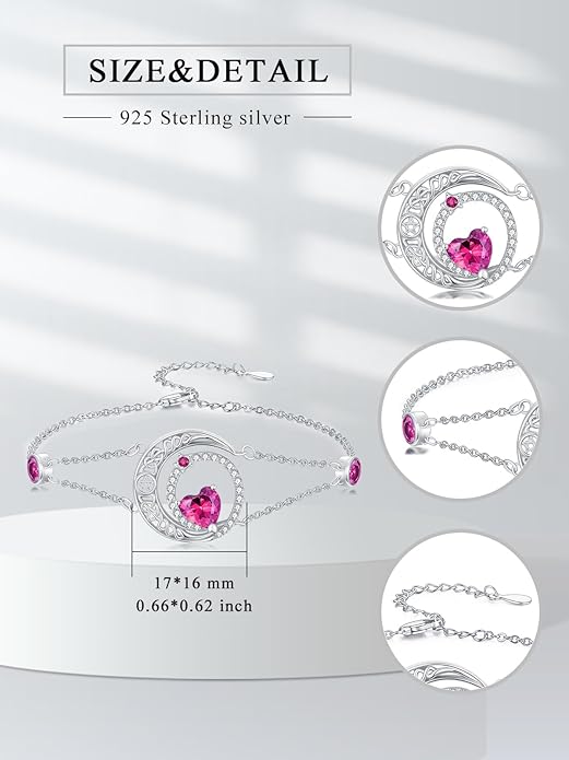Dorunmo 925 Sterling Silver Moon Heart Birthstone Anklet Bracelets for Women Best Mother's Day Birthday Jewelry for Wife Girlfriend Mom Her