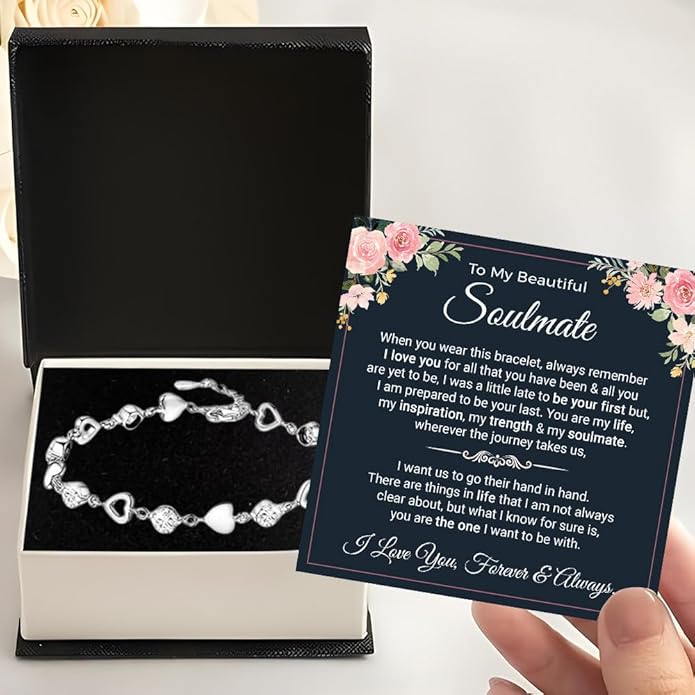 To My Soulmate Heart Bracelet Gift, Beautiful Soulmate Jewelry With Message Card and Box For Women, Romantic Anniversary, Birthday, Christmas or Valentine’s Day Gift