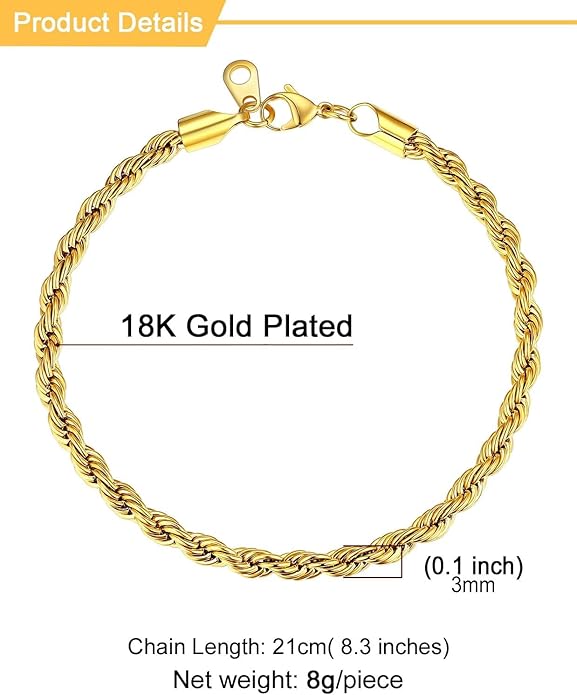 U7 Link Bracelets for Men, Cuban Link/Rope/Watch Band Solid Bracelet, Silver Black Gold Color Wrist Bracelet 3/6/9/12/15mm Width, 6.5/7.5/8.3 Inch Length, Hand Chain Jewelry for Mens Women