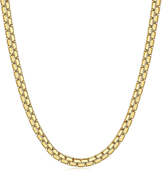 Fiusem Flat Box Chains for Men, 14k Gold Plated Stainless Steel Chain Necklace, 2.5/3/4/4.5/5mm Necklaces for Men and Women 16-28 Inch