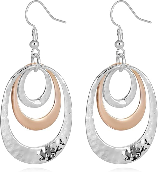 Mixed Metal Earrings, Round Circle Hoop Two Tone Dangle Earrings, Vintage Gold and Silver Geometric Earrings, Handmade Boho Earrings for Women