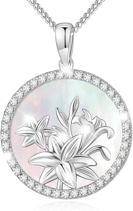 AGVANA Valentines Day Gifts Sterling Silver Birth Flower Necklace for Women Genuine Mother of Pearl CZ Round Disc Pendant Necklace Fine Jewelry Anniversary Birthday Gifts for Women Wife Mom Her
