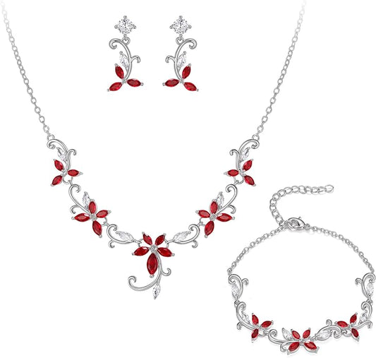 Crysdue Flower Leaf Wedding Jewelry Set for Bridal Bridemaid, Cubic Zirconia Teardrop Elegant Silver/14K/Rose Gold Plated Vine Necklace Dangle Earrings for Prom Party
