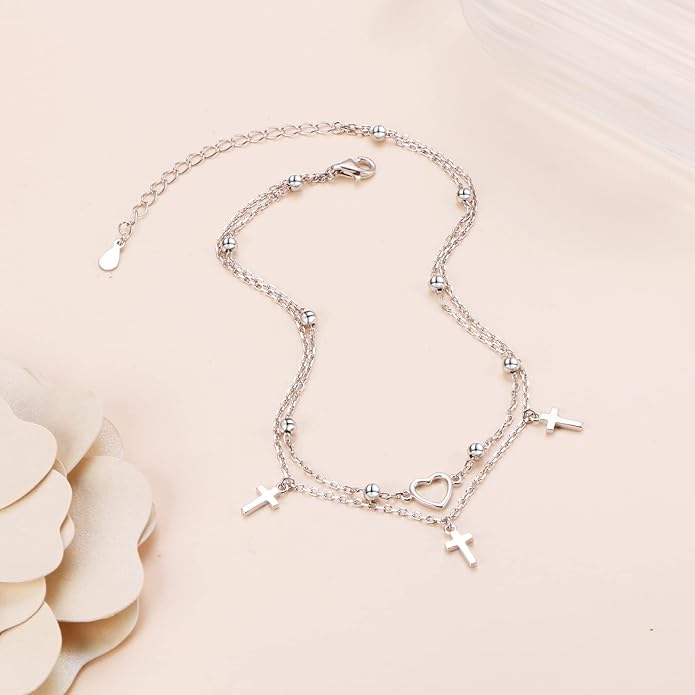 Anklet for Women S925 Sterling Silver Adjustable Foot Evil Eye Starfish Heart Bead Butterfly Celtic Knot Cross Multilayer Layered Ankle Bracelet Jewelry