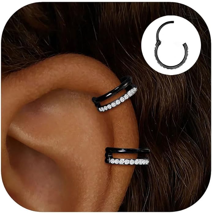 2 PCS Small Cartilage Double-Hoop Helix Conch Piercing Earrings With Cubic Zirconia For Women Trendy 14K Gold Plated Titanium Surgical Stainless Steel Sets Jewelry