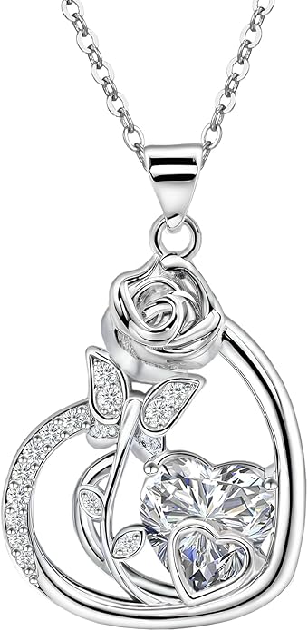 Sterling Silver Heart Rose Flower Necklace for Women Shiny Big Cz Butterfly Pendant Necklace Elegant Rose Promise Necklace Jewelry for Mom Wife Wedding Mother's Day Anniversary Birthday Gifts