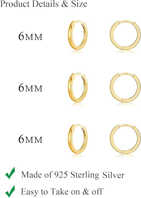 3 Pairs 925 Sterling Silver Hoop Earrings 14K White Gold Plated Small Silver Hoops Cartilage Huggie Earrings for Women Men