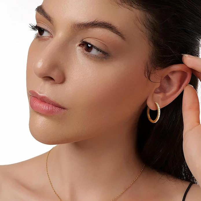 14K Gold Plated Earrings for Women 14K Gold Plated Hoop Earrings for Women Cubic Zirconia Shining Gold Plated Hoops Earring for Womens Hoop Lightweight Hoops Earring for Womens 12/14/16/20/25/30mm