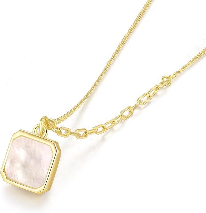 SUNFEEL Mother of Pearl Pendant Necklace 14K White/Yellow Gold Plated Sterling Silver Necklace for Women Dainty Jewelry Gifts for Mom Wife Girlfriend, Length 16+2 Inch