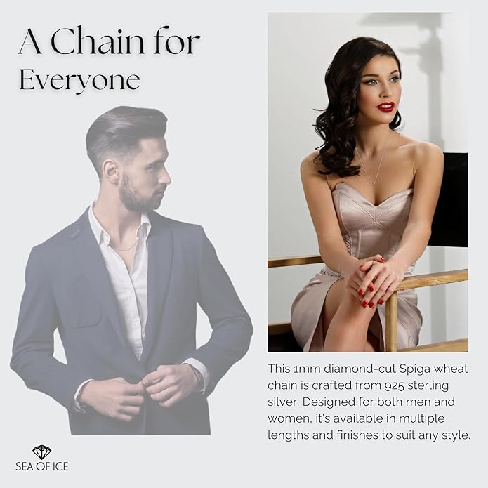 SEA OF ICE Italian Spiga Wheat Chain Necklace – Silver Chain Necklace for Women and Men – 925 Sterling Silver Spring Ring Locked Jewelry Chain – Multisize Silver Chain Unisex