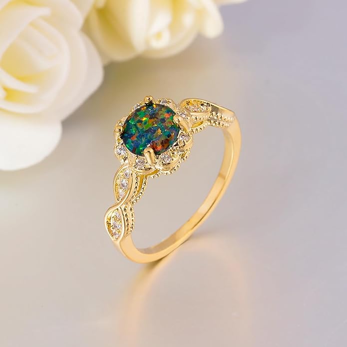CiNily 18K Gold Plated Opal Ring-White Fire Opal & Amethyst & Cubic Zirconia Women Jewelry Gemstone Engagement Anniversary Ring Size 5-13