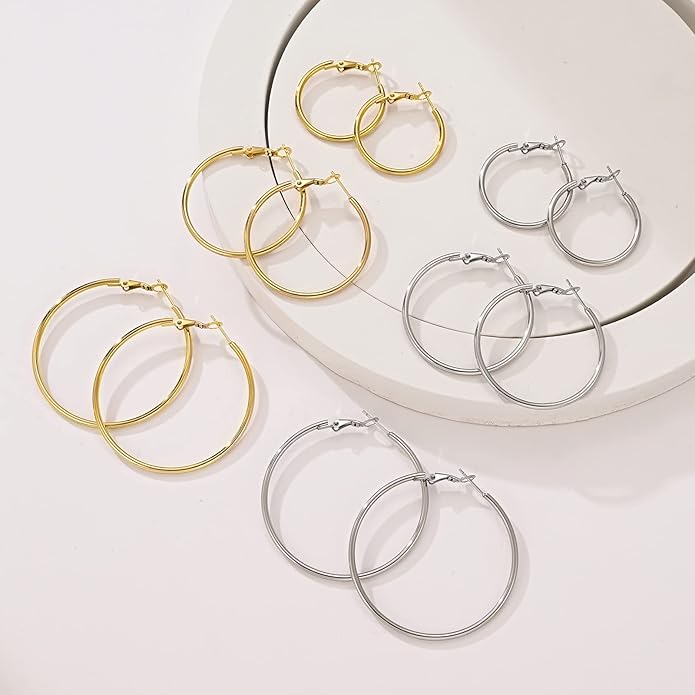 6 Pairs Gold Silver Hoop Earrings for Women, 14K Gold Plated Stainless steel Hoop Earring for Women, Lightweight Hypoallergenic Dainty Hoop Earrings Set