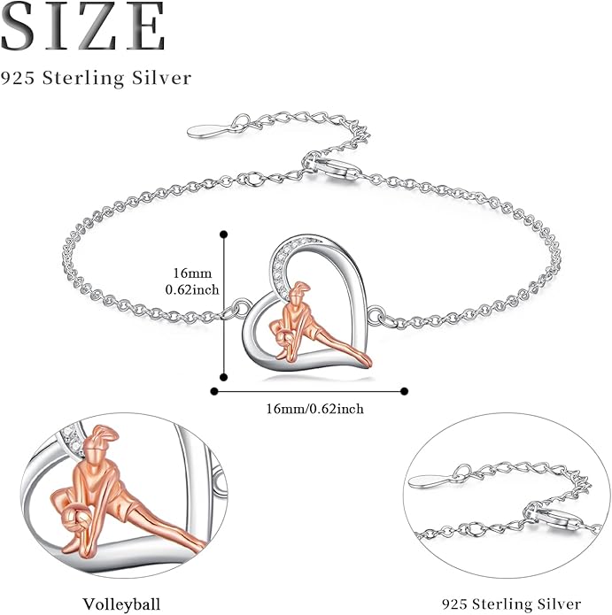 Volleyball/Tennis/Golf Bracelet 925 Sterling Sliver Heart Sports Bracelets Jewelry Gifts for Women Mom Lover Player