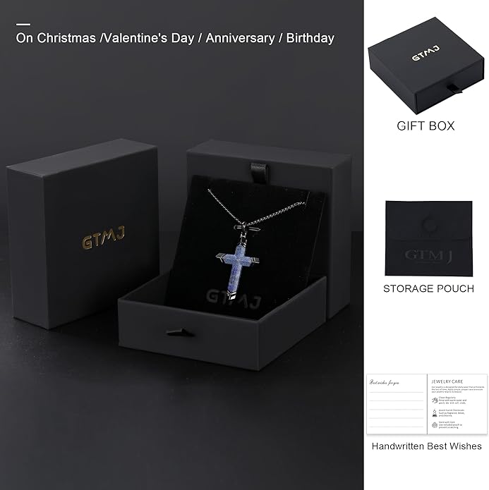 GTMJ Cross Necklace for Men -Stainless Steel & Gemstone Adjustable Box Chain 24-26in, Spiritual Jewelry Gift for Him, Everyday Wear