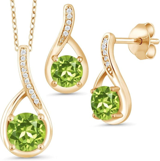 Gem Stone King 18K Yellow Gold Plated Silver Round Gemstone Birthstone and Diamond Pendant Earrings Jewelry Set For Women | Round 6MM and 5MM | With 18 Inch Chain